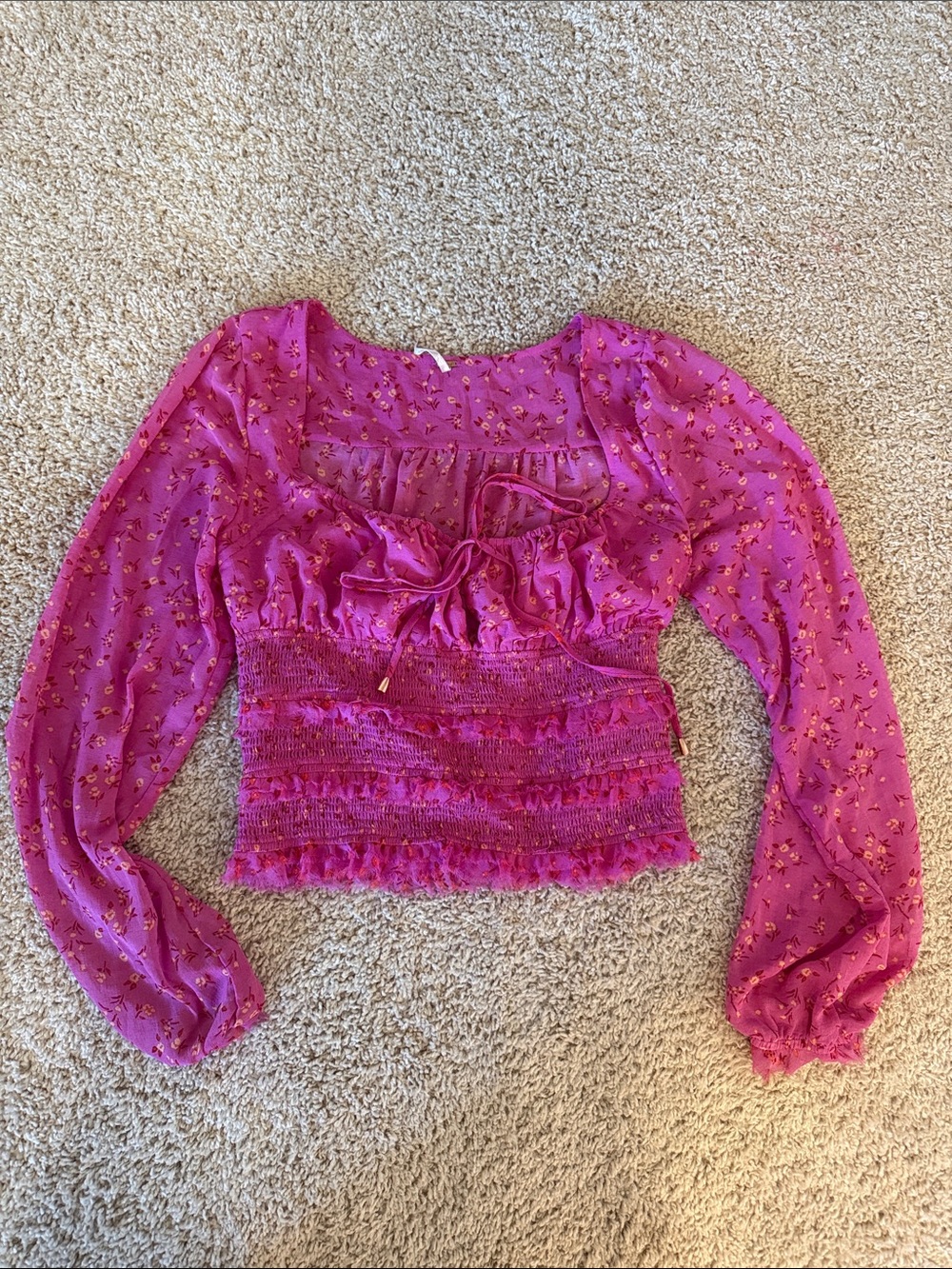 Free People Magenta Smocked Tie-Front Long Sleeve Top